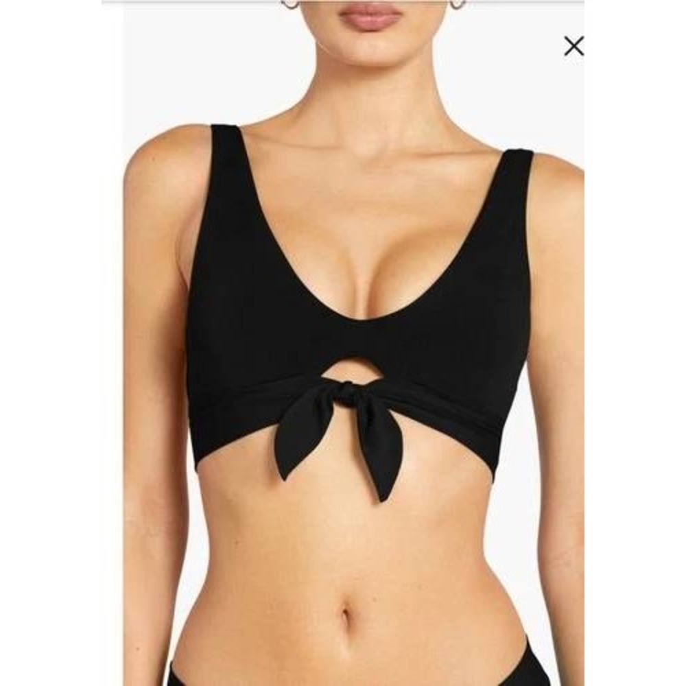 New Robin Piccone Bikini Top Womens Sz M Black Front Tie Keyhole Scoop 221701